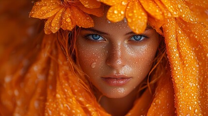 A woman with a flower in her hair covered in water droplets