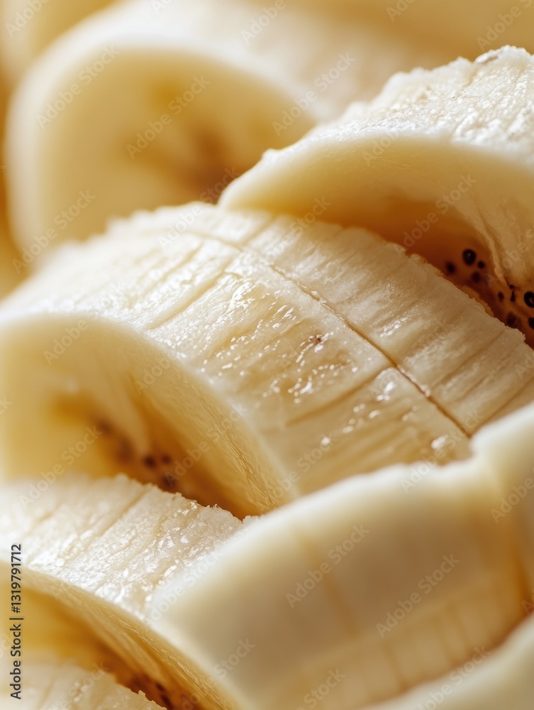 Poster Close up macro shot showcasing the intricate texture of sliced banana halves with a soft blurred background