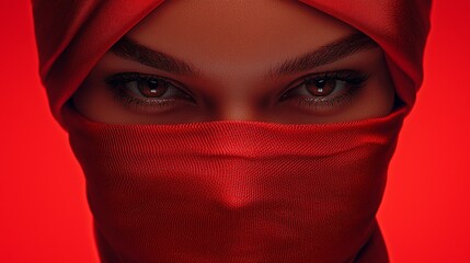 Naklejka premium A woman wearing a red headscarf covering her face