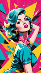1950s Pin-Up Style girl with turquoise hair and bold makeup posing with a playful attitude
