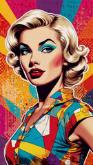 Obraz premium 1950s Pin-Up Style girl in a playful pose with a colorful top and energetic background