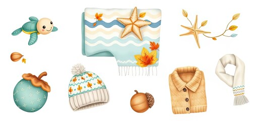 Cute Autumn Fall Clipart Sea Turtle Starfish Acorn Knit Hat Sweater Scarf