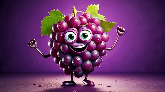 Cartoon style bunch of grapes dancing and smiling on purple background. Organic bio food. wine concept
