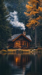 Fototapeta premium Cozy wooden cabin by a peaceful lake surrounded by autumn trees and smoke curling from the chimney at dusk