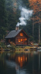Fototapeta premium Cozy wooden cabin by a tranquil lake with smoke curling from the chimney in a picturesque natural setting