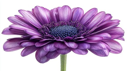 A single purple flower with a blue center on a white background