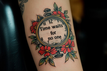 
An old-school tattoo of text : "Time waits for no one" in a classic typewriter font, featuring antique clockwork elements

