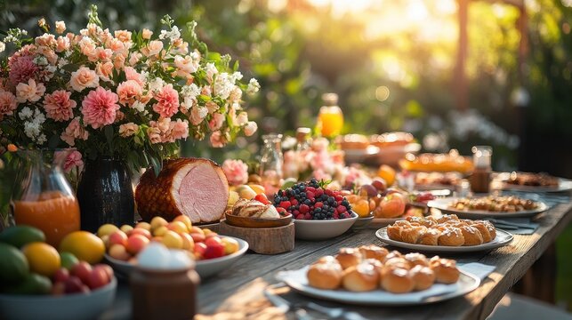 Beautiful Easter brunch setup with fresh dishes and floral arrangements on a wooden table