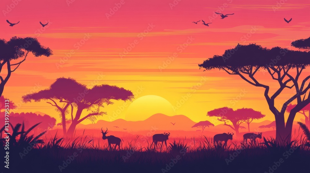 Aufkleber silhouettes of savannah animals at sunset with acacia trees and vibrant colors creating an adventuro