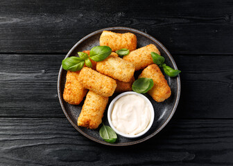 Homemade potato croquettes with mayonnaise. Traditional croquette.
