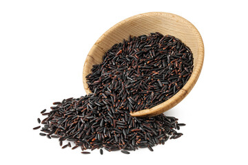 Black rice in wooden bowl isolated on white background with full depth of field