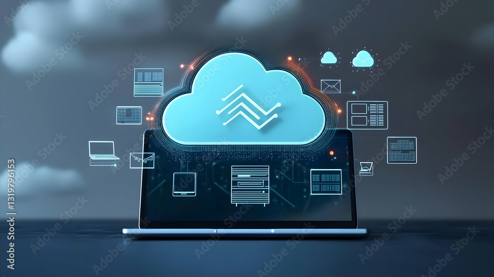 Poster 3d rendering of a laptop with a glowing cloud icon above it with data storage icons and digital info