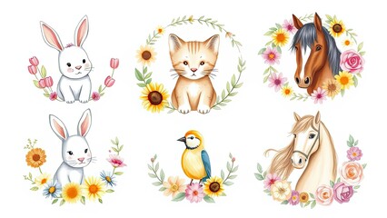 Cute Animals with Flowers Bunny Kitten Bird Horses Spring