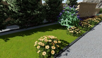 Fototapeta premium 3d image of the landscape design of the home territory. Landscaping of the territory. Computer visualization of composite landscaping and landscaping solutions.