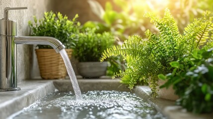 An informative image of water conservation tips, showcasing various methods like rainwater harvesting, low-flow fixtures, and drought-resistant plants, promoting efficient water use at home.