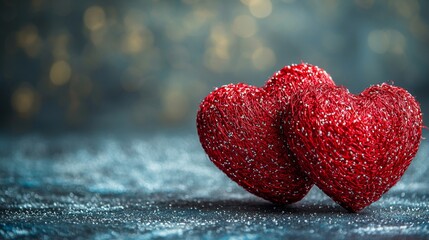 Fototapeta premium Two red hearts sitting on top of a table