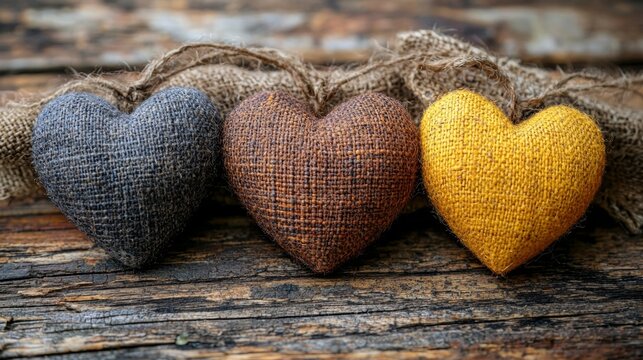 Three heart shaped pillows hanging from a string on a wooden surface