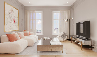 Sala de televisión de lujo, 3d render