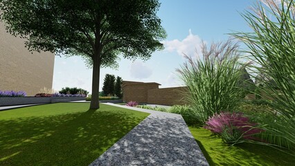 3d image of the landscape design of the home territory. Landscaping of the territory. Computer visualization of composite landscaping and landscaping solutions.