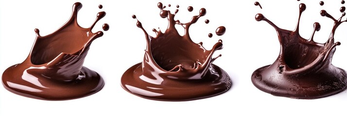 Three splashes of dark chocolate sauce against a white background.