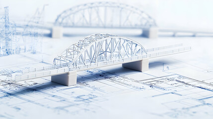 3D Printed Miniature White Bridge Model On Detailed Blueprints For Urban Infrastructure Development Project