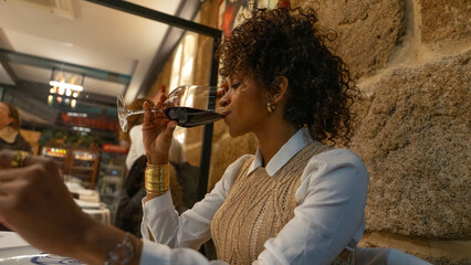 African American woman drinking from a glass of red wine in a restaurant with people in the background
