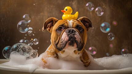 Cute Bulldog Taking a Bubble Bath with Rubber Duck on Head and Bubbles Floating Around