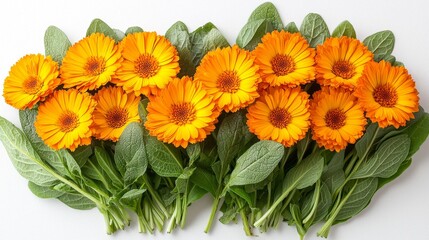 Fototapeta premium A bunch of orange flowers with green leaves on a white surface