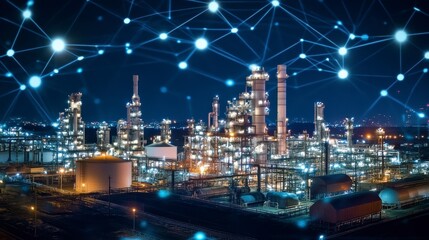 Industrial plant at night with interconnected network