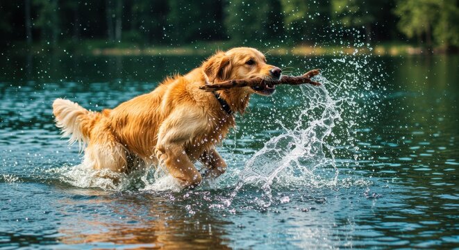 Golden Retriever Retrieving Stick in Lake Splash