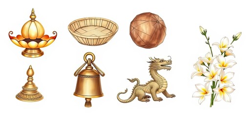 Asian Culture Symbols Dragon Flowers Bell Basket Ritual Objects