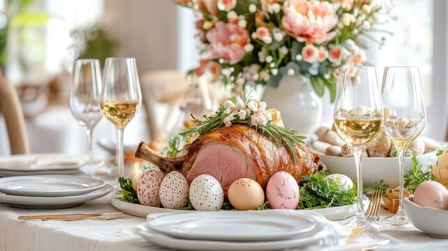 Traditional Easter feast with roasted lamb, decorated eggs, and fresh vegetables on a rustic table