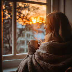 young woman drinking coffee in the morning wrapped in a blanket and looking out the window