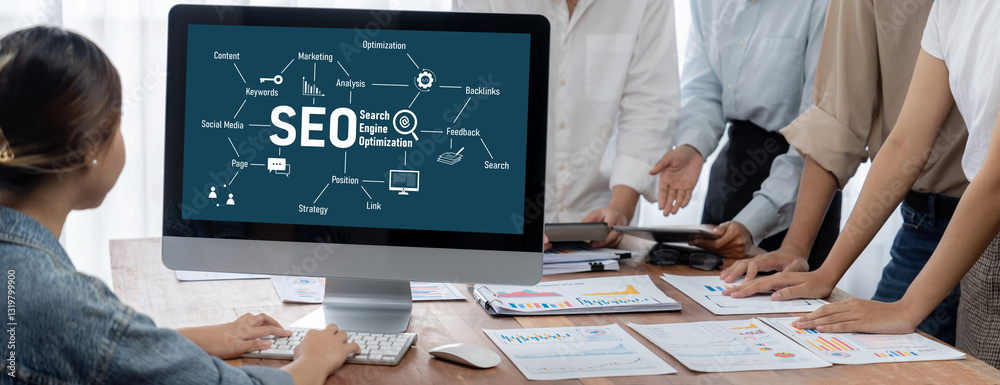 Poster SEO search engine optimization for brisk e-commerce and online retail business showing on computer screen