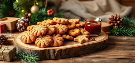 Delicious Christmas Cookies on Wooden Board with Caramel Sauce