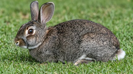 Fototapeta premium Grey rabbit resting on green grass, outdoors