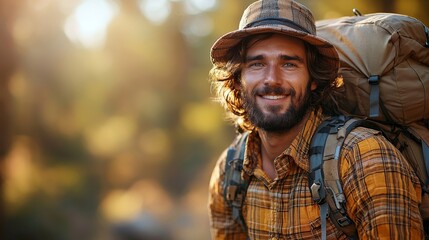 Fototapeta premium A man with a backpack smiles at the camera