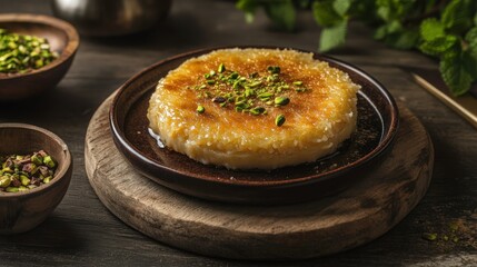 Trendy Scene of Traditional Knafeh Dessert in Rustic Setting: Golden Crispy Texture and Gooey Cheese Filling on Ceramic Plate
