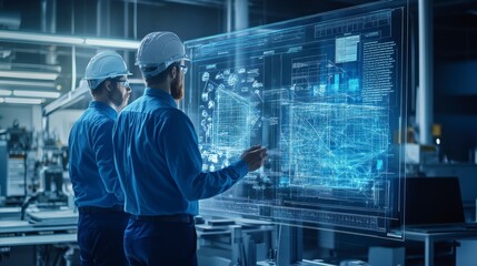 Factory workers using interactive display