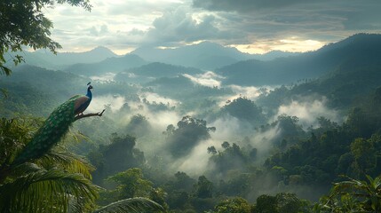 A peacock sitting on top of a tree in the middle of a forest