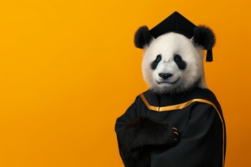 Panda in graduation cap and gown celebrates academic achievement with pride and joy against vibrant orange background