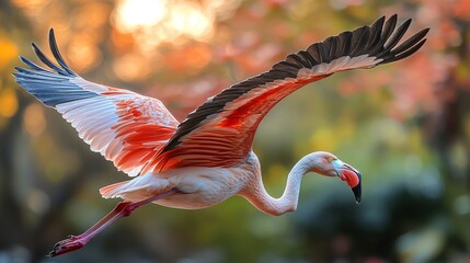 A pink flamingo flying through the air with its wings spread