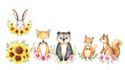 Naklejka premium Adorable Forest Animals with Sunflowers Roses Watercolor Illustration
