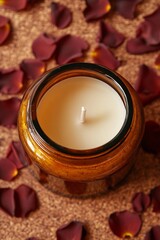 Soy wax candle in a brown glass jar, top view