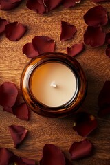 Soy wax candle in a brown glass jar, top view