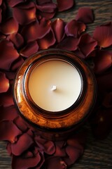 Soy wax candle in a brown glass jar, top view