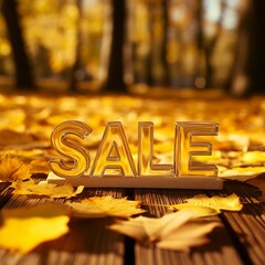 Sale sign made of glass on a background of yellow autumn leaves