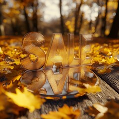 Sale sign made of glass on a background of yellow autumn leaves
