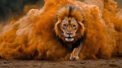 A lion running through a cloud of dust