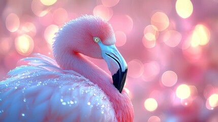 A pink flamingo standing in front of a pink background